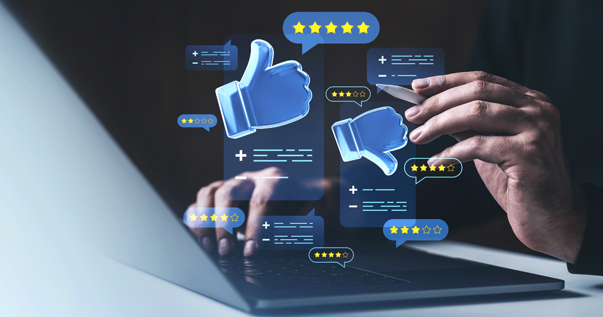 Illustration d’icônes de communication, réseaux sociaux et analytics, symbolisant la gestion de l’e-réputation, des avis clients et du suivi de performance.