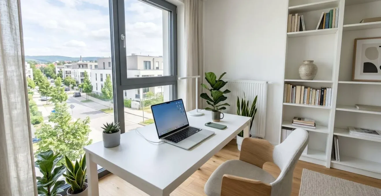 Bureau contemporain épuré avec ordinateur portable ouvert et smartphone posés sur une table blanche, lumière naturelle abondante depuis une fenêtre
