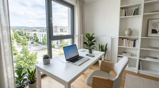 Bureau contemporain épuré avec ordinateur portable ouvert et smartphone posés sur une table blanche, lumière naturelle abondante depuis une fenêtre