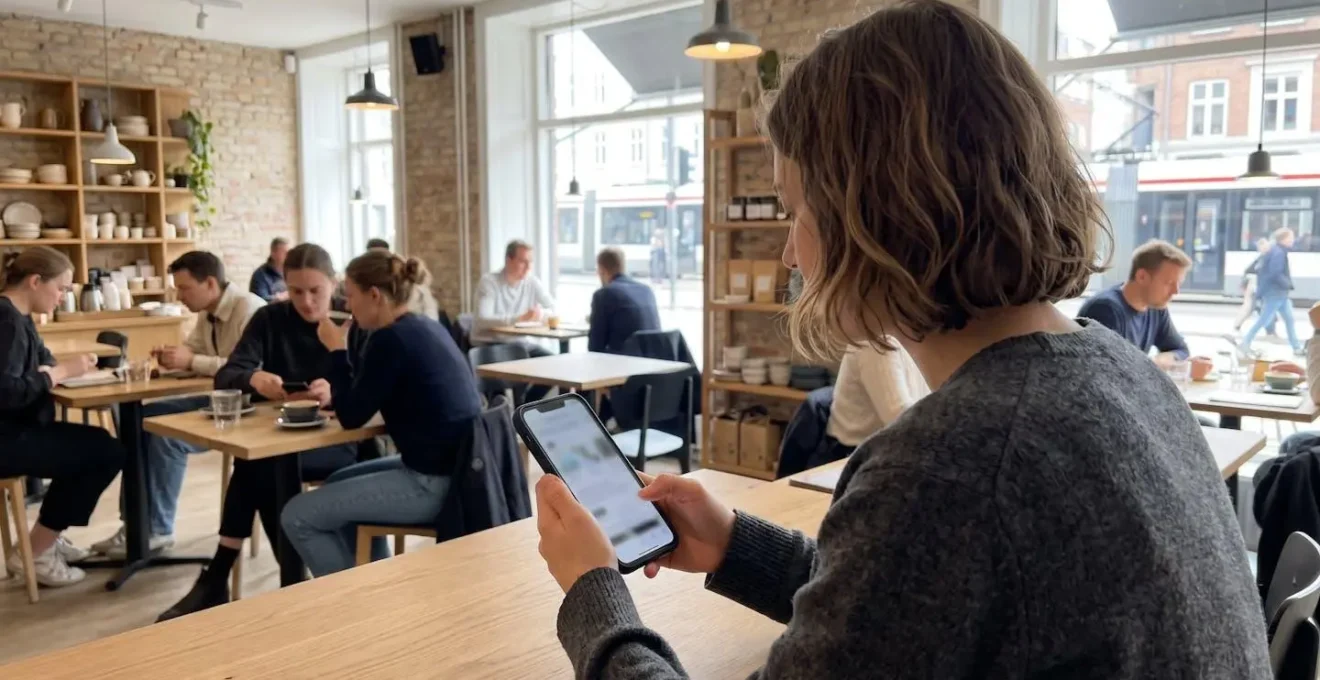 Vue par-dessus l'épaule d'une personne tenant un smartphone pour effectuer une recherche en ligne, mains visibles, écran complètement flouté, moment candide