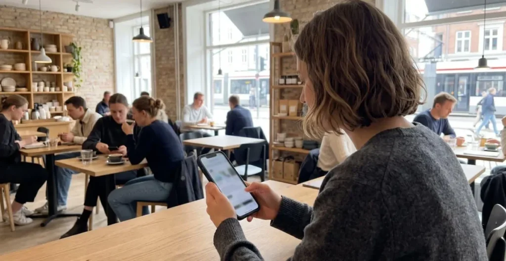 Vue par-dessus l'épaule d'une personne tenant un smartphone pour effectuer une recherche en ligne, mains visibles, écran complètement flouté, moment candide Vue par-dessus l'épaule d'une personne tenant un smartphone pour effectuer une recherche en ligne, mains visibles, écran complètement flouté, moment candide